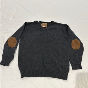 Gray Knit Sweater with Brown Elbow Patches